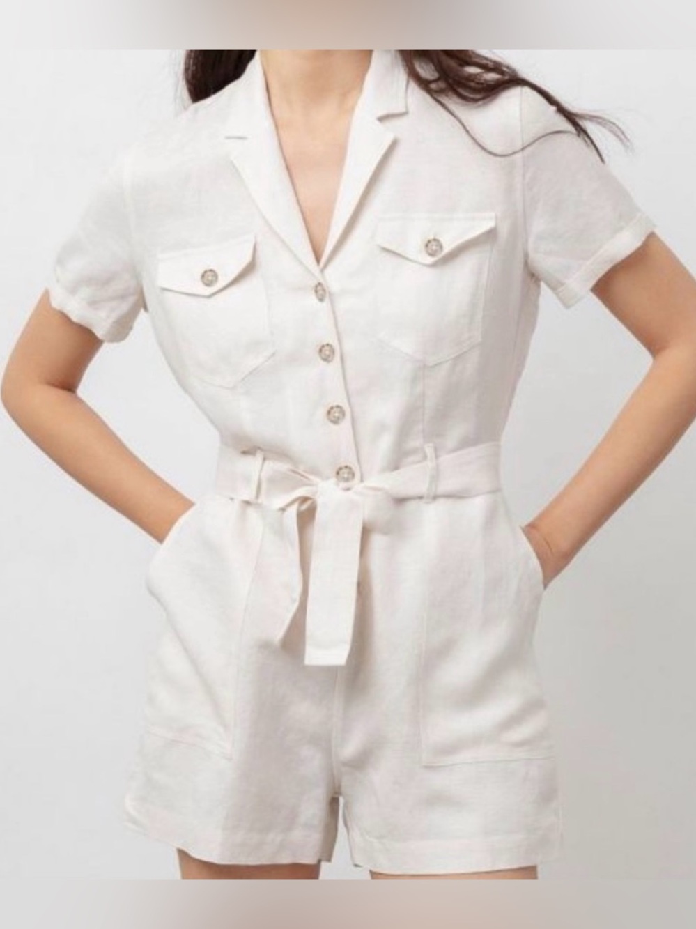Rails Cream Short-Sleeve Romper with Tie Waist